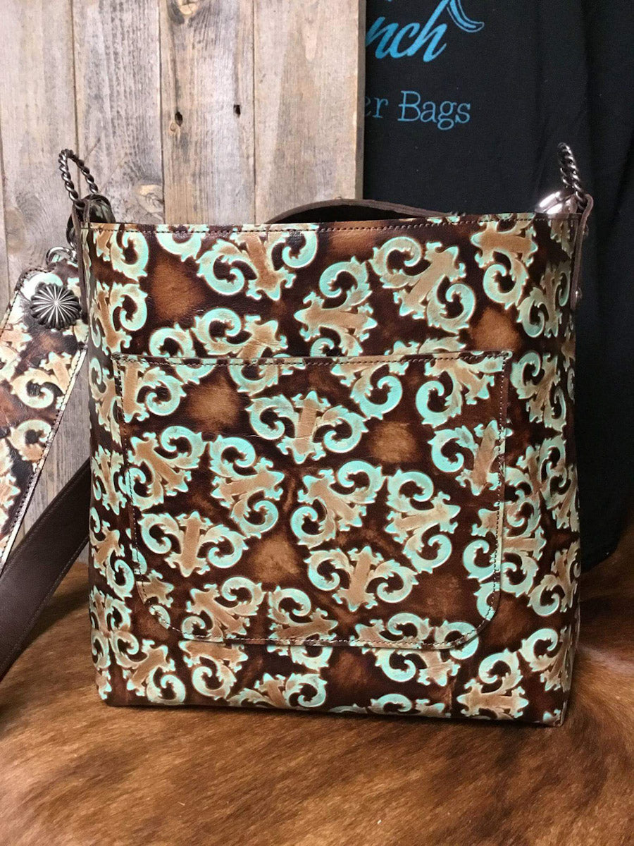 Large Leather Bucket Bag, Kaleidoscope Turquoise Brown