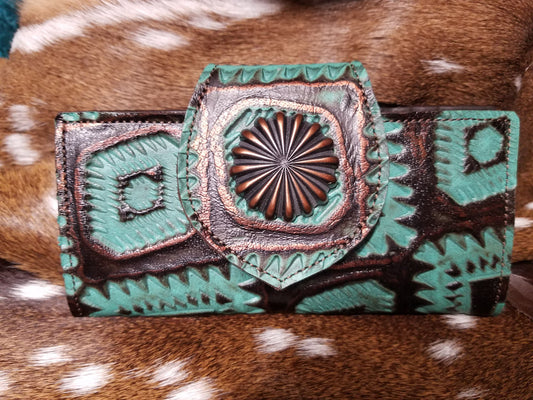 Leather Bifold Wallet, Aztec Copper and Turquoise