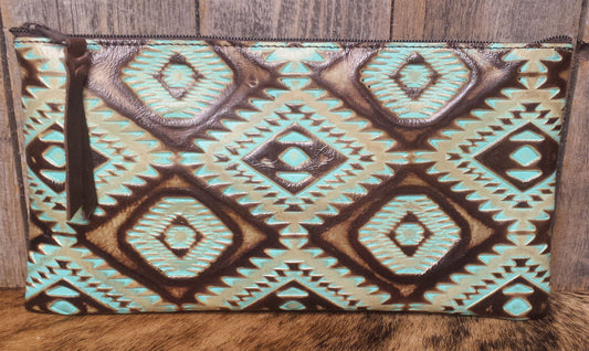 Bank or Makeup Bag, Aztec Turquoise and Brown