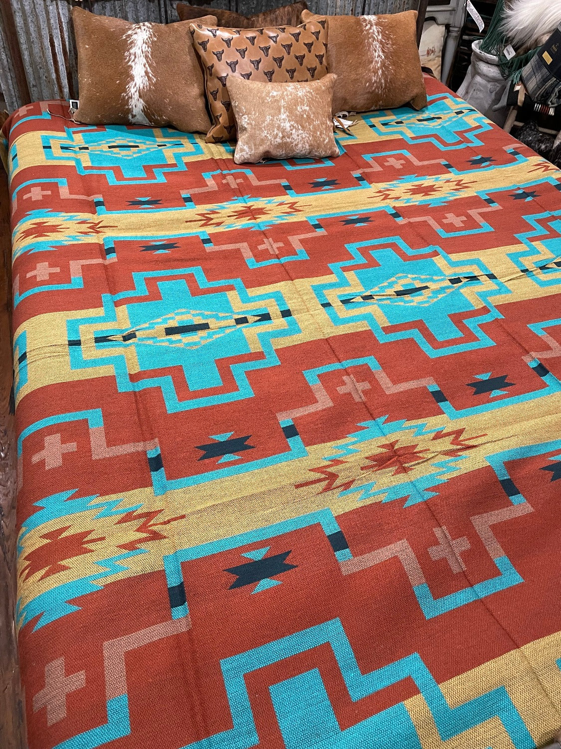 Southwestern Bedspread, Turquoise and rust crosses 7031A