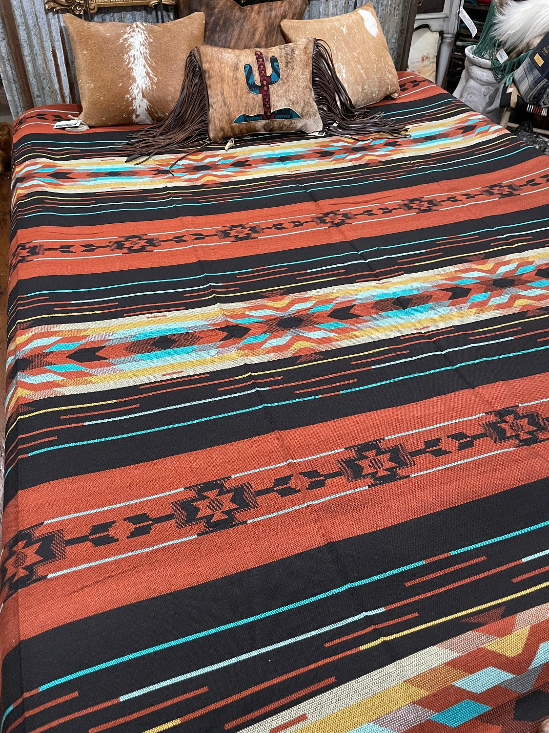 Southwestern Bedspread, Rust, Black and Turquoise Queen  7041C
